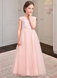 Aliyah A-Line Scoop Neck Floor-Length Tulle Lace Junior Bridesmaid Dress With Bow(s) STKP0013619