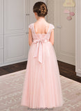 Aliyah A-Line Scoop Neck Floor-Length Tulle Lace Junior Bridesmaid Dress With Bow(s) STKP0013619