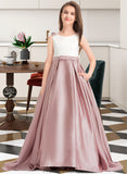 Carla Ball-Gown/Princess Scoop Neck Sweep Train Satin Junior Bridesmaid Dress With Bow(s) Pockets STKP0013626