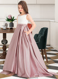 Carla Ball-Gown/Princess Scoop Neck Sweep Train Satin Junior Bridesmaid Dress With Bow(s) Pockets STKP0013626