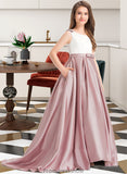 Carla Ball-Gown/Princess Scoop Neck Sweep Train Satin Junior Bridesmaid Dress With Bow(s) Pockets STKP0013626