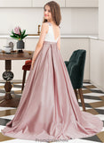 Carla Ball-Gown/Princess Scoop Neck Sweep Train Satin Junior Bridesmaid Dress With Bow(s) Pockets STKP0013626