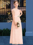 Kaylee A-Line Scoop Neck Floor-Length Lace Junior Bridesmaid Dress With Beading Bow(s) Cascading Ruffles STKP0013627