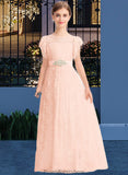 Kaylee A-Line Scoop Neck Floor-Length Lace Junior Bridesmaid Dress With Beading Bow(s) Cascading Ruffles STKP0013627