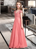 Lina A-Line V-neck Floor-Length Chiffon Lace Junior Bridesmaid Dress STKP0013634