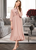 Michelle A-Line Scoop Neck Tea-Length Chiffon Junior Bridesmaid Dress With Bow(s) Cascading Ruffles STKP0013638