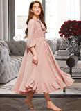 Michelle A-Line Scoop Neck Tea-Length Chiffon Junior Bridesmaid Dress With Bow(s) Cascading Ruffles STKP0013638