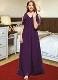 Regina A-Line V-neck Floor-Length Chiffon Junior Bridesmaid Dress With Bow(s) Cascading Ruffles STKP0013639