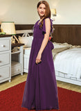 Regina A-Line V-neck Floor-Length Chiffon Junior Bridesmaid Dress With Bow(s) Cascading Ruffles STKP0013639