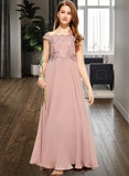 Lesley A-Line Off-the-Shoulder Floor-Length Chiffon Lace Junior Bridesmaid Dress STKP0013640