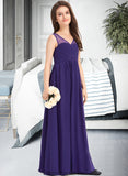 Elva A-Line V-neck Floor-Length Chiffon Junior Bridesmaid Dress With Ruffle STKP0013642