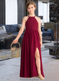 Kitty A-Line Scoop Neck Floor-Length Chiffon Lace Junior Bridesmaid Dress With Split Front STKP0013645