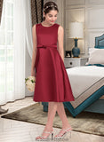 Denisse A-Line Scoop Neck Knee-Length Satin Junior Bridesmaid Dress With Lace Bow(s) STKP0013646