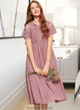 Fatima A-Line Scoop Neck Tea-Length Chiffon Lace Junior Bridesmaid Dress STKP0013648