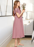 Fatima A-Line Scoop Neck Tea-Length Chiffon Lace Junior Bridesmaid Dress STKP0013648