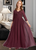 Sasha A-Line V-neck Floor-Length Chiffon Lace Junior Bridesmaid Dress STKP0013652