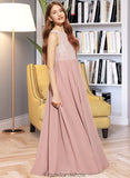 Clarissa A-Line Scoop Neck Floor-Length Chiffon Lace Junior Bridesmaid Dress With Sequins STKP0013655