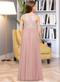 Clarissa A-Line Scoop Neck Floor-Length Chiffon Lace Junior Bridesmaid Dress With Sequins STKP0013655