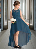 Nadine A-Line Scoop Neck Asymmetrical Chiffon Lace Junior Bridesmaid Dress STKP0013661