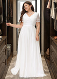 Gina A-Line V-neck Floor-Length Chiffon Lace Wedding Dress STKP0013678