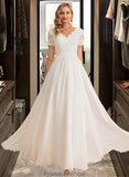 Gina A-Line V-neck Floor-Length Chiffon Lace Wedding Dress STKP0013678