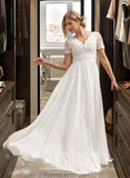 Gina A-Line V-neck Floor-Length Chiffon Lace Wedding Dress STKP0013678