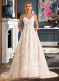 Bailey Ball-Gown/Princess V-neck Court Train Tulle Lace Wedding Dress With Beading Pockets STKP0013679