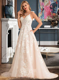 Bailey Ball-Gown/Princess V-neck Court Train Tulle Lace Wedding Dress With Beading Pockets STKP0013679