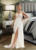 Erin A-Line V-neck Sweep Train Chiffon Lace Wedding Dress With Beading Sequins STKP0013681