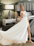 Erin A-Line V-neck Sweep Train Chiffon Lace Wedding Dress With Beading Sequins STKP0013681