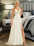 Erin A-Line V-neck Sweep Train Chiffon Lace Wedding Dress With Beading Sequins STKP0013681