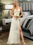 Erin A-Line V-neck Sweep Train Chiffon Lace Wedding Dress With Beading Sequins STKP0013681