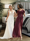 Erin A-Line V-neck Sweep Train Chiffon Lace Wedding Dress With Beading Sequins STKP0013681