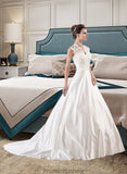 Baylee Ball-Gown/Princess V-neck Court Train Satin Lace Wedding Dress With Ruffle STKP0013688