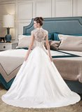 Baylee Ball-Gown/Princess V-neck Court Train Satin Lace Wedding Dress With Ruffle STKP0013688