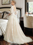 Maren A-Line V-neck Court Train Wedding Dress With Sequins STKP0013690