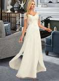 Kyla A-Line V-neck Floor-Length Chiffon Lace Wedding Dress With Lace STKP0013691