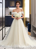 Salome Ball-Gown/Princess Off-the-Shoulder Court Train Tulle Lace Wedding Dress With Ruffle STKP0013692