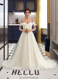 Salome Ball-Gown/Princess Off-the-Shoulder Court Train Tulle Lace Wedding Dress With Ruffle STKP0013692