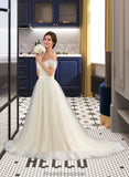 Salome Ball-Gown/Princess Off-the-Shoulder Court Train Tulle Lace Wedding Dress With Ruffle STKP0013692