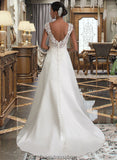 Bianca Ball-Gown/Princess V-neck Sweep Train Satin Wedding Dress With Ruffle Beading Sequins STKP0013693