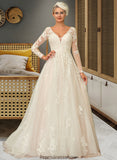 Rhianna Ball-Gown/Princess V-neck Sweep Train Tulle Lace Wedding Dress STKP0013698