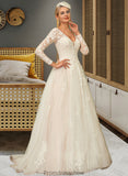 Rhianna Ball-Gown/Princess V-neck Sweep Train Tulle Lace Wedding Dress STKP0013698