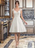 Camryn A-Line V-neck Knee-Length Tulle Lace Wedding Dress STKP0013700