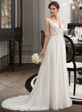 Amelia A-Line V-neck Court Train Chiffon Wedding Dress STKP0013701