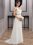 Alisha A-Line V-neck Sweep Train Chiffon Wedding Dress With Ruffle Lace Beading Sequins STKP0013705