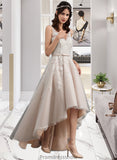 Joy A-Line V-neck Asymmetrical Tulle Lace Wedding Dress With Bow(s) STKP0013717