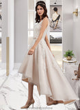 Joy A-Line V-neck Asymmetrical Tulle Lace Wedding Dress With Bow(s) STKP0013717