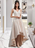 Joy A-Line V-neck Asymmetrical Tulle Lace Wedding Dress With Bow(s) STKP0013717