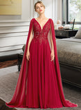 Janae A-Line V-neck Floor-Length Chiffon Wedding Dress With Sequins STKP0013718